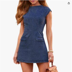 KDF Denim Dress for Women with Pockets Slim Fit Summer Jean Dress - M-Navy Blue